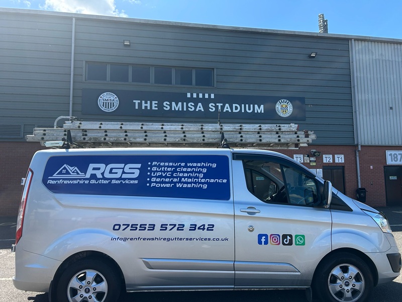 image of renfrewshire gutter services works van outside St Mirrens football clubs stadium