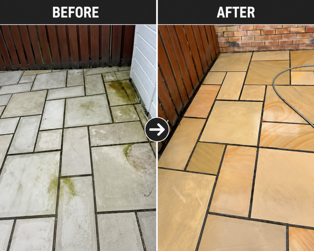 a before and after image of a Indian stone patio