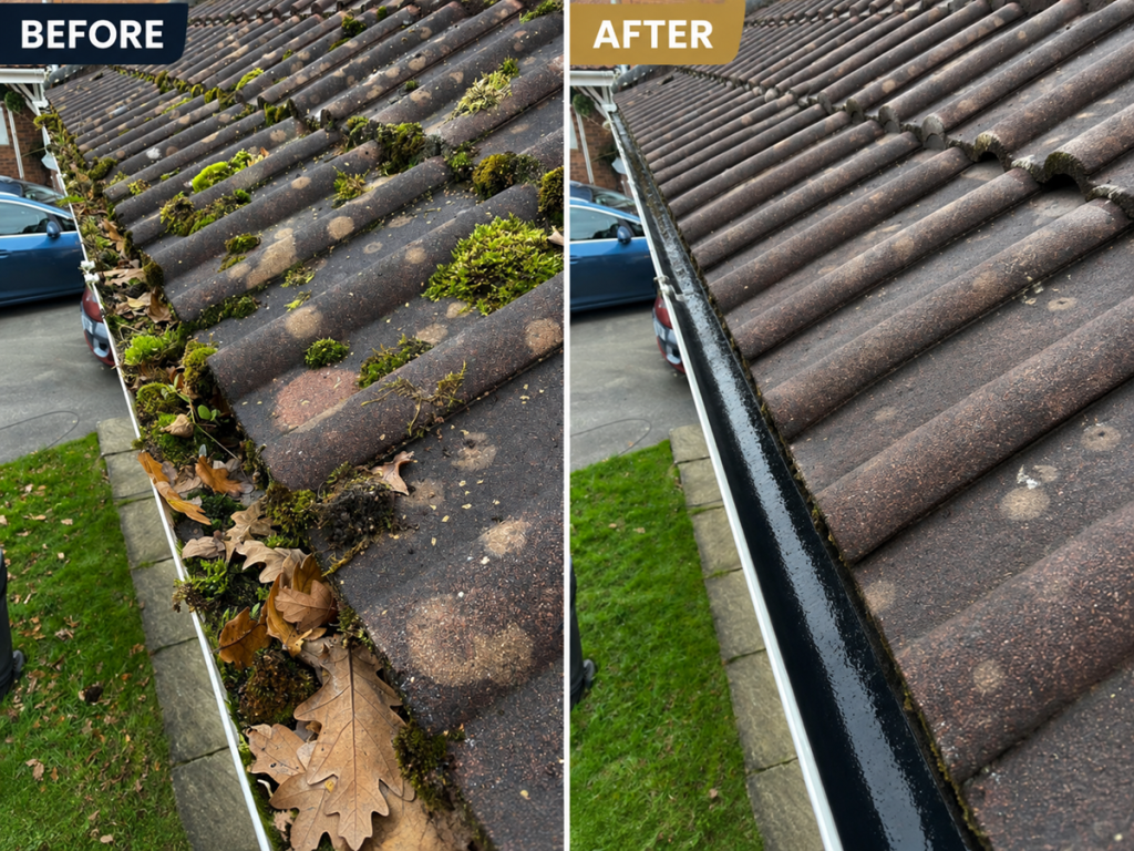 iamge is of a before and after photo of a gutter clean